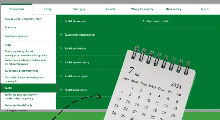 Strona ZUS z menu "Świadczenia" i kalendarzem z datą 7 lipca 2024.